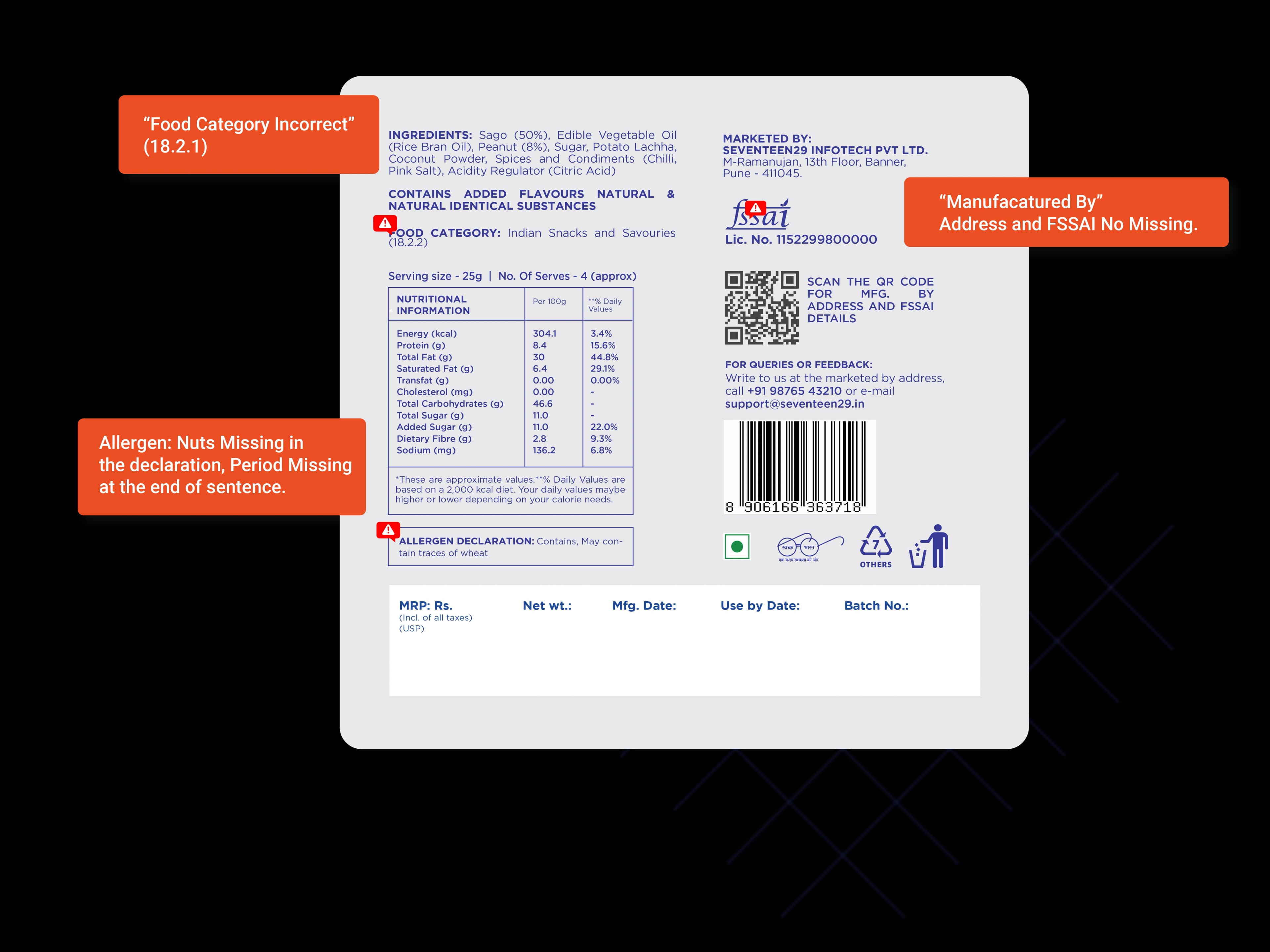 Seventeen29 desktop dashboard showing packaging compliance checks and label workflow