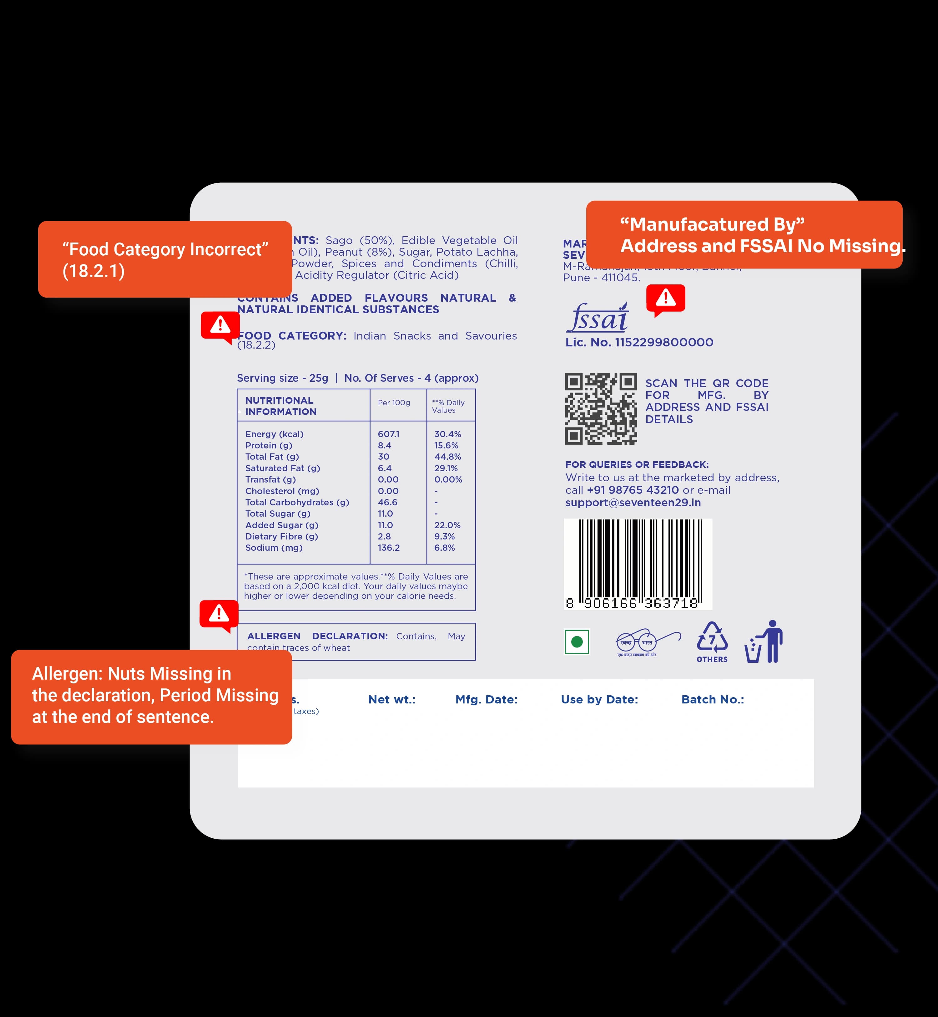Seventeen29 mobile screen showing packaging compliance workflow details